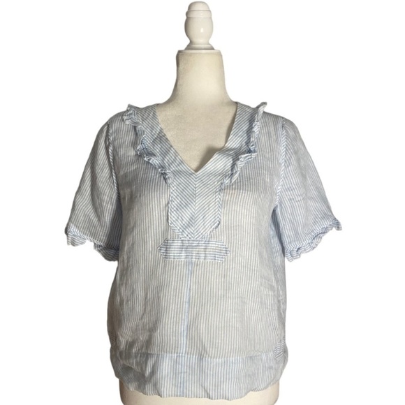 See By Chloe Linen Striped Ruffle Blue and White Top Blouse - Picture 1 of 7